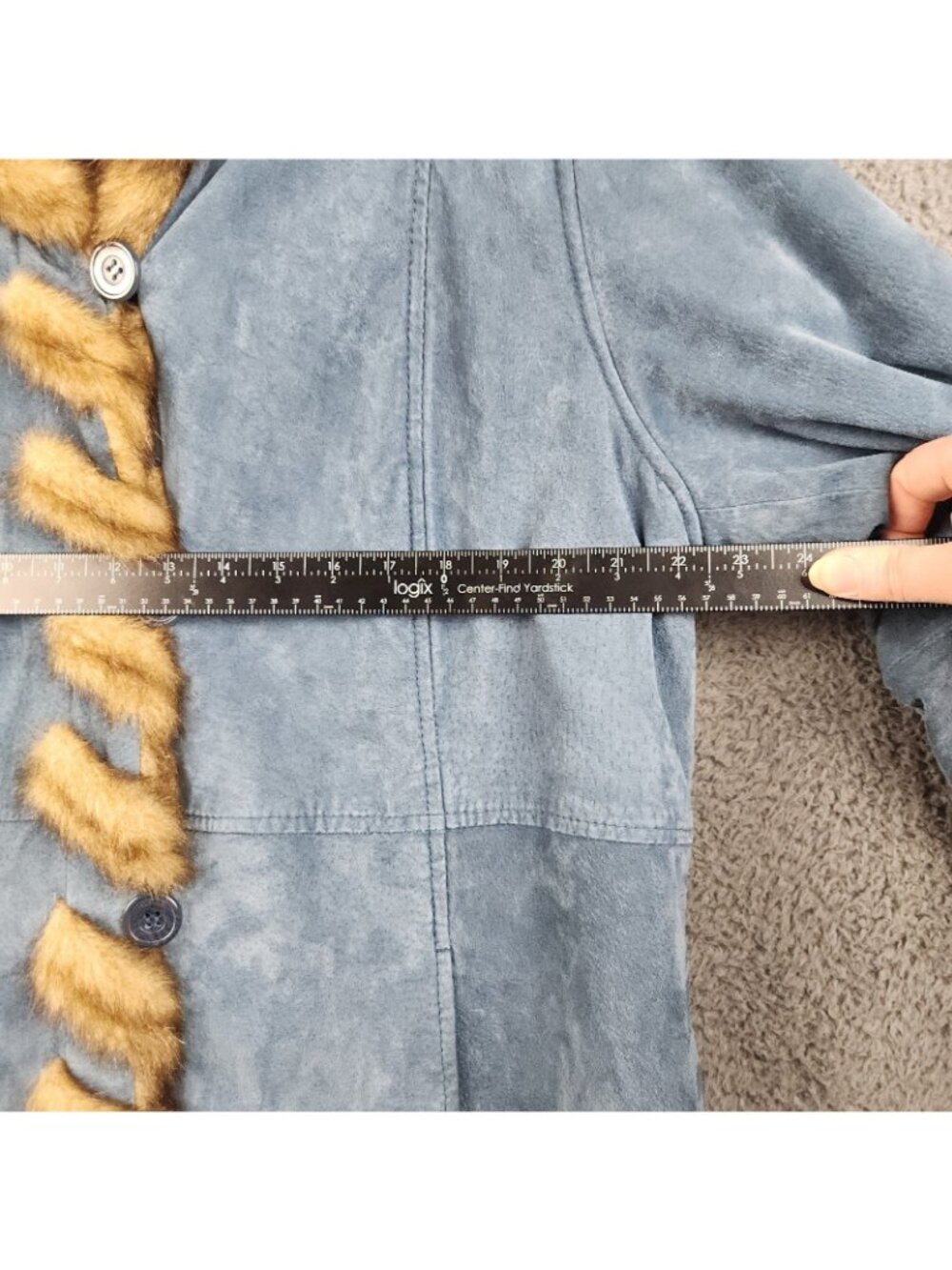 VTG 90's Boho Western Blue Suede Leather Faux Fur Lined Size Large Hooded Luxe - Picture 5 of 10